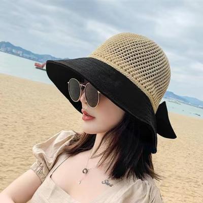 China 10103 Eco-Friendly Spring Summer Woman Straw Hat Sunscreen Mesh Bucket Hat Hot Selling Ribbon Bow Female Outdoor Activity Hat for sale