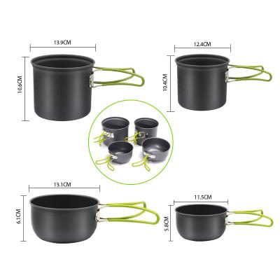 China Custom Aluminum Alloy 1-2 Person 4Pcs Portable Lightweight Heightening Combined Outdoor Cooking Pots Camping Cookware Set for sale