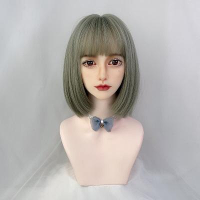 China Clog Queen Style Short Green New Straight Bob Wig With Bangs Synthetic Wig For Women Party Daily Wear for sale