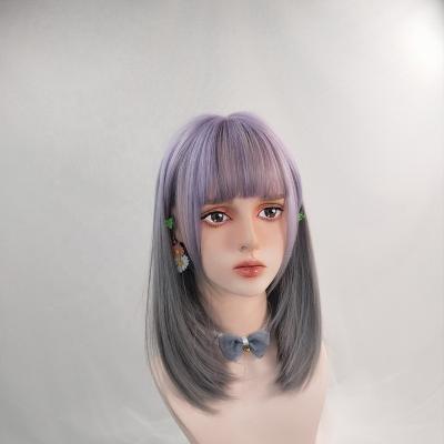 China Clog Queen Ladies Bangs Gray Long Gentle Curly Hair Synthetic Wig Light Purple Gradient European Style for sale