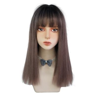 China Queen Length Clog Fashion Medium Straight Replacement Wig Dark Brown Synthetic Wig for sale