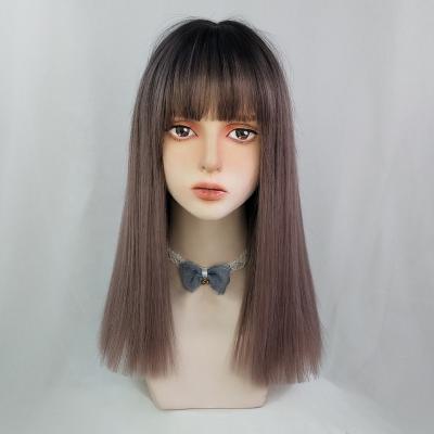 China Clog Queen Brown Long Synthetic Hair Wigs Silky Straight Wigs With Bangs For Women Heat Resistant Fiber for sale