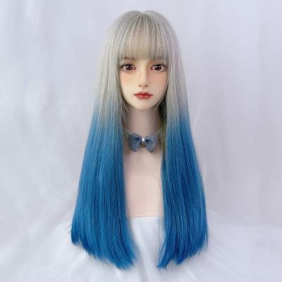 China Straight Hair Natural Wigs High Grade Drag Queen Cosplay 24 Inch Long Bang Blue Synthetic Wigs for sale