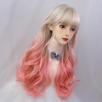 China Clog Queen Pink Ombre Colored None Lace Up Wigs High Temperature Curly Fiber Hair Synthetic Wig Long for sale