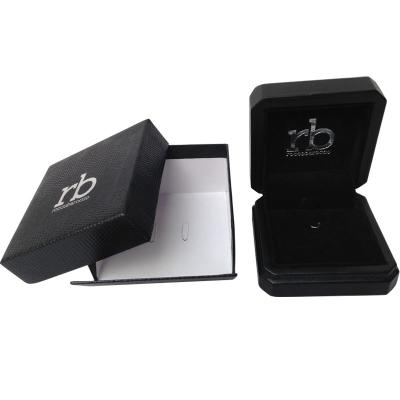 China Simple Leather+Velvet+Paper Fashion Earrings Clamshell Packaging Black Custom Pendant Jewelry Set Box for sale