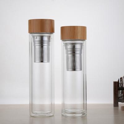 China Agriculture Crystal Water Bottle 450ml Double Wall Borosilicate Glass Tea Fruit Infuser Tumbler With Bamboo Lid for sale