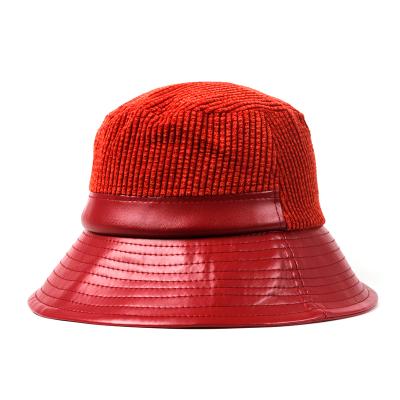 China Character Stain Corduroy Splicing Pu Leather Bucket Hat Suede Red Color Corduroy Bucket Hat Wholesale Adult Hat for sale