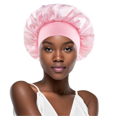 China Fashion Solid color wide elastic band adult nightcap fashion hair care and beauty shower cap satin chemotherapy cap for men and women for sale