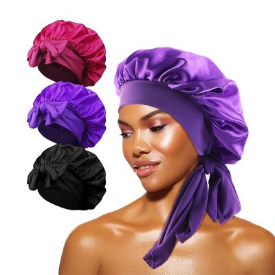 China Fashion Silk high-elastic wide-brimmed nightcap, satin ribbon round cap, shower cap, hair care hat for sale