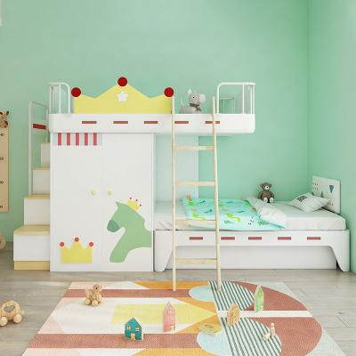 China Unique cartoon style design ODM pattern new hidden storage crown split tier bunk bed for kids with staircase and wardrobe for sale