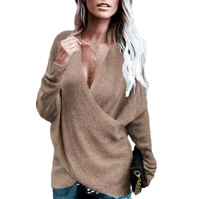 China Anti-wrinkle ladies custom plus size V-neck sweater women fall new winter cross using knitted sweater for sale