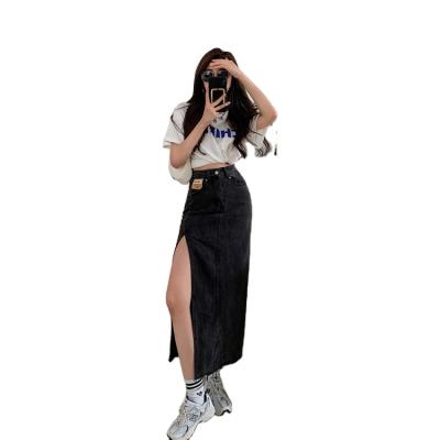 China Breathable Factory Fork Vintage Custom Split Belts Design Jeans Midi Skirts Womens Denim for sale