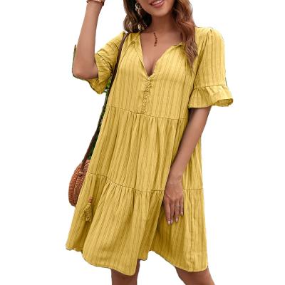 China New Women's Summer New Women's Soft Loose Breathable V-Neck Dress Soft Mid Length 5 Point Sleeve Casual Dress for sale