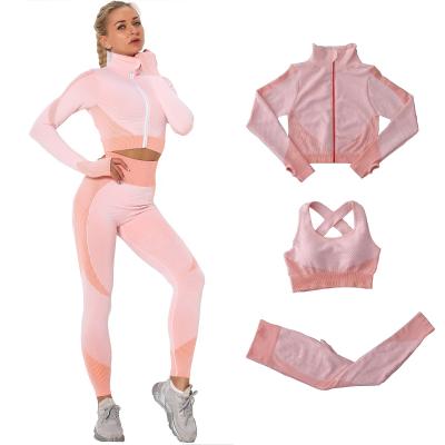 China Breathable Women's Seamless 3pcs Equipments Workout Sets Running Set Gym Yoga Sportswear Sweatpants And Stretch Sports Bra Gym Clothing for sale