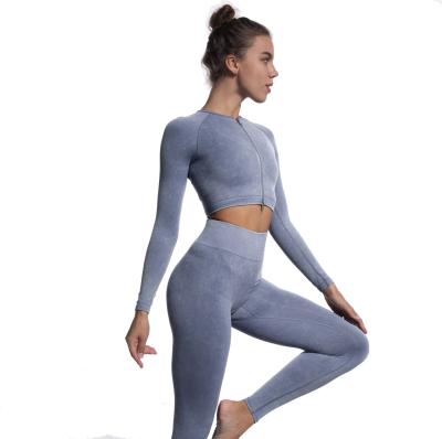 China Breathable 2 Piece Yoga Set Sand Wash Knitted Waistband Long Sleeve Zipper Gaiters Pants Lift Up Crop Top Jacket For Gym Sports for sale