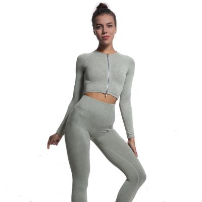 China Fashion Breathable Warm Seamless Yoga Suit Long Sleeved Jacket And Art Sand Wash Leggings Tightly Zippered Style Workout Running Clothes for sale