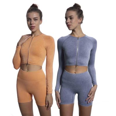 China 2022 Creative Sand Wash Breathable Retro Finished Women Sportswear Long Sleeve Crop Tops And Shorts for sale