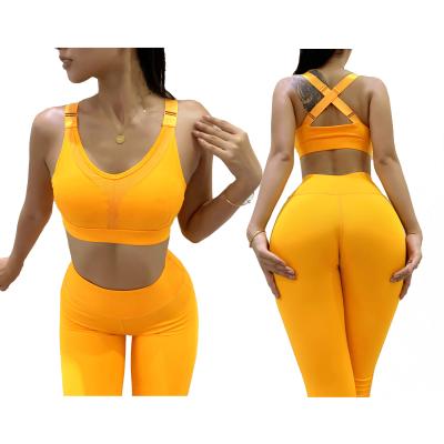 China Gym ACTIVE EXERCISE STRETCH Elastic Custom Logo Printed Workout Set To Use Two Waist Wide High Mesh Bra Adjustable Straps Long Gaiters for sale