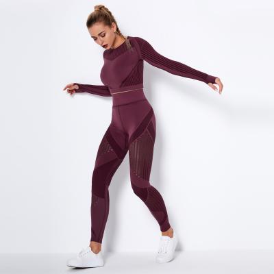 China New Arrivals QUICK DRY Women Seamless Hollow Out Long Sleeve Hygroscopic Yoga Suit Sports Running Pants 2 Piece Set for sale