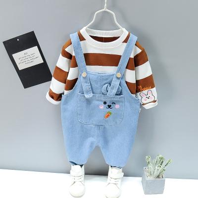 China Anti-wrinkle plaid long sleeve t-shirt, suspender pants, jeans, two-piece loungewear, sportswear, spring and fall kids clothing for sale