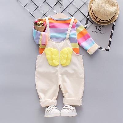 China Anti-wrinkle Rainbow Stripe T-shirt Suspender Pants Two-Piece Spring And Autumn Casual Wear Cheap Children's Suit Baby Dress Skirt Clothing W for sale