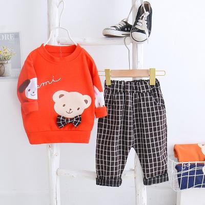 China Two-piece long spring and autumn of the bear design breathable sleeve T-shirt plaid pants suit boys and girls' clothing for sale