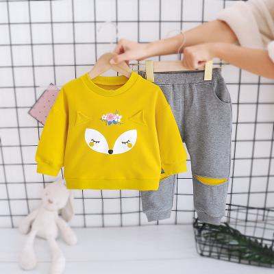 China Sweet Girl Children's Costume Pattern Fox Suit Long Sleeve T-Shirt Pants Two Piece Set for sale