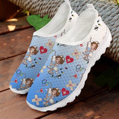 China CUSHIONING Hot Sale Hospital Caregiver Printing Breathable Mesh Platform Sneaker Unisex Flat Work Shoes Woman Cartoon Non Smell Shoes for sale