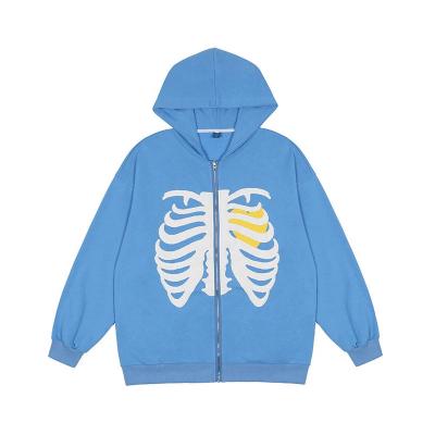 China Fashion Breathable American Loose Embroidery Hot Selling Streetwear Skeleton Printing Anime Women Long Sleeved Zipper Hoodie Men Jacket for sale