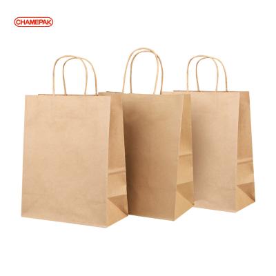 China Custom Logo Printed Cheap Eco Recycle Recyclable Take Away Food Packaging Brown Craft Paper Bag With Handles for sale