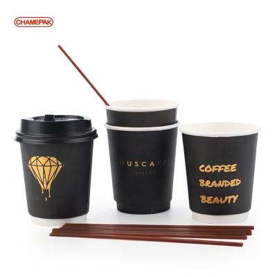 China Biodegradable disposable double wall or single wall gold foil stamping custom logo all black hot paper coffee cup with lid for sale