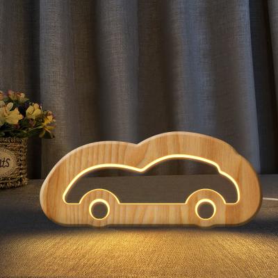 China Free New Design Remote Control Led Car Train Home Decor Crafts Wooden Carved Toy Car Wood Night Light Bedroom For Kids for sale