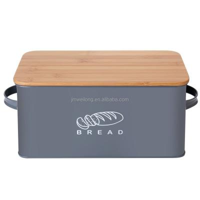 China Sustainable Gray Square Metal Kitchen Food Deep Canister Bin Bread Box With Bamboo Lid for sale