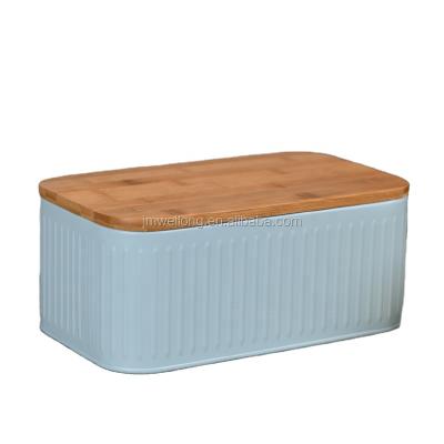 China Sustainable Embossed Square Sky Blue Kitchen Metal Bread Box With Cutting Board for sale