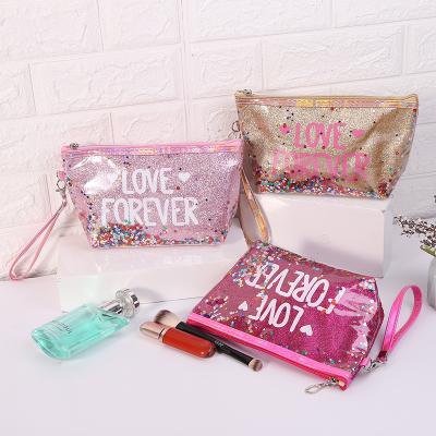 China New Recyclable Sequins Printed Cute Storage Bag Wash Letters Travel Packaging Makeup Bags Custom Cosmetic for sale