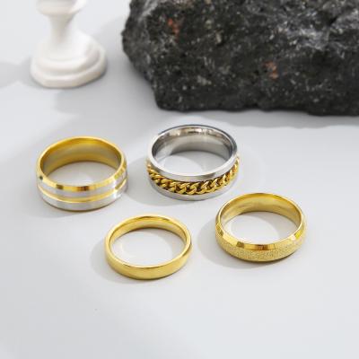 China Vintage Stainless Steel Matte Double Bevel Simple Men's Ring Gold Color Inlaid Rhinestone Knuckle Ring for sale