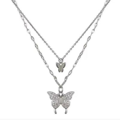 China Trendy Dropshipping Fashion Alloy With Diamond Butterfly Double Necklace Female Fantasy Rhinestone Necklace for sale