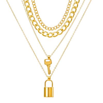 China FASHIONABLE Lock Padlock Star Vintage Pendant Necklace For Women Gold Color North Star Multilayer Thick Clavicle Chain Necklace for sale