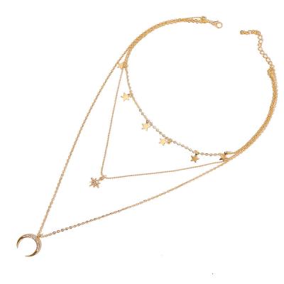 China TRENDY Round Charm Crescent Moon Double Multi Layer Necklace Gold Stainless Steel Stasis Women Layering Necklaces Silver Alloy Trendy for sale