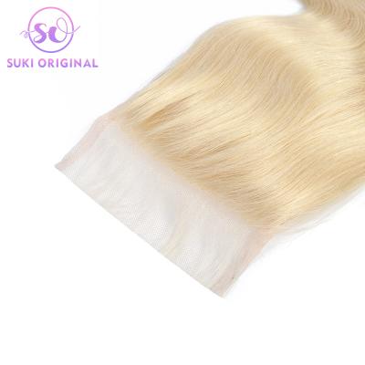 China 100% Human Hair Cuticle Aligned Hair Blonde 613 Body Wave Hd Transparent Lace Closure 4x4 Pre Plucked for sale