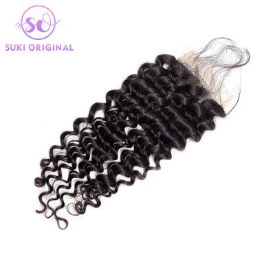 China Transparent Swiss Medium Deep Curly Top Closure 4x4 5x5 6x6 7x7 Thin Skin Hair HD Three Piece Lace Top Closure for sale