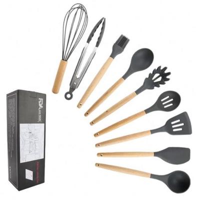 China Promo Stocked 11 Pieces Wooden Kitchenware Set Utensils Kitchen Silicone Handle Non-Stick Cookware Accessories for sale