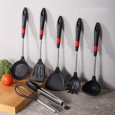 China Stocked Silicone Handle Kitchen Utensil Set Stainless Steel 7pcs Kitchen Dish Set Tools Spatula Set Cookware for sale