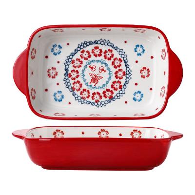 China Sustainable Binaural Ceramic Baking Tray Household Pizza Hand Painted Baked Rice Dish Salad Bowl for sale