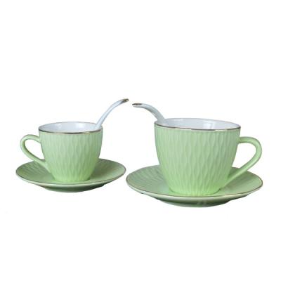 China Promotion Viable Custom Hand Painted Gold Green Ceramic European Coffee Cup And Saucer Set for sale