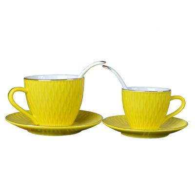 China Promotion Viable Custom Hand Painted Gold Yellow Ceramic Coffee Cup And Saucer Set European for sale