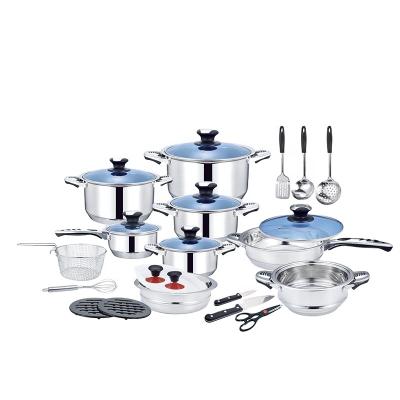 China Sustainable 25 Piece 201 Stainless Steel Stick Cookware Set Non Cooking Pot With Blue Color Glass Lid for sale