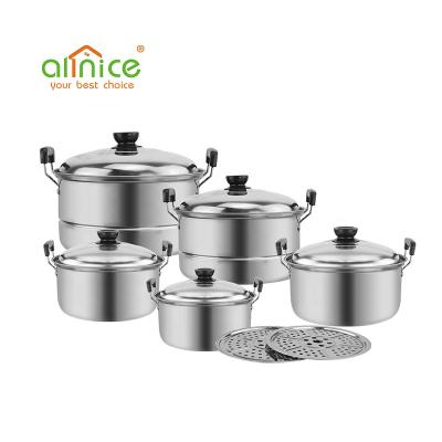 China Allnice Suppliers Sustainable Ware Kitchen Accessories Cooking Soup Stainless Steel Cookware Set With Double Handle for sale