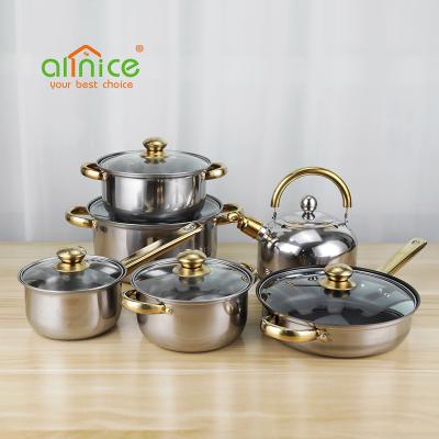 China 12pcs Stick Handle 12pcs Sustainable Golden Cookware Non Set Stainless Steel Quality Kitchenware Cookingware Set for sale