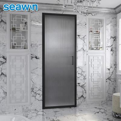 China Seawin Modern Aluminum Frame Matte Black Frosted Tempered Glass Bathroom Pivot Shower Swing Door for sale